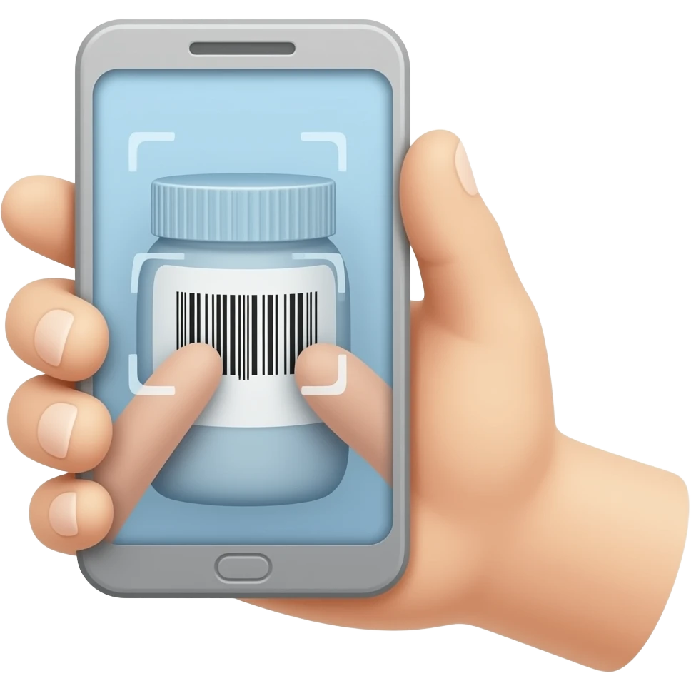 hand gripping a smartphone, phone camera pointed at a bottle with a barcode, scanning action, no text emoji