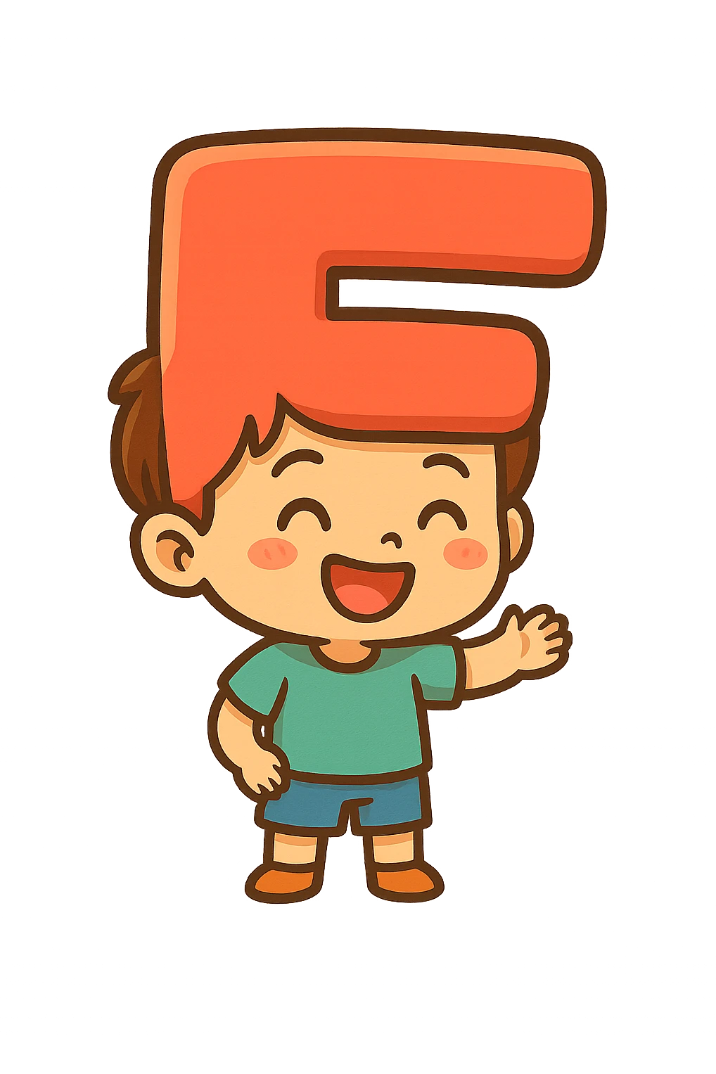 a smiling kid with a head in the form of a bold, uppercase F, colorful and friendly, expressive, cute, cartoonish emoji