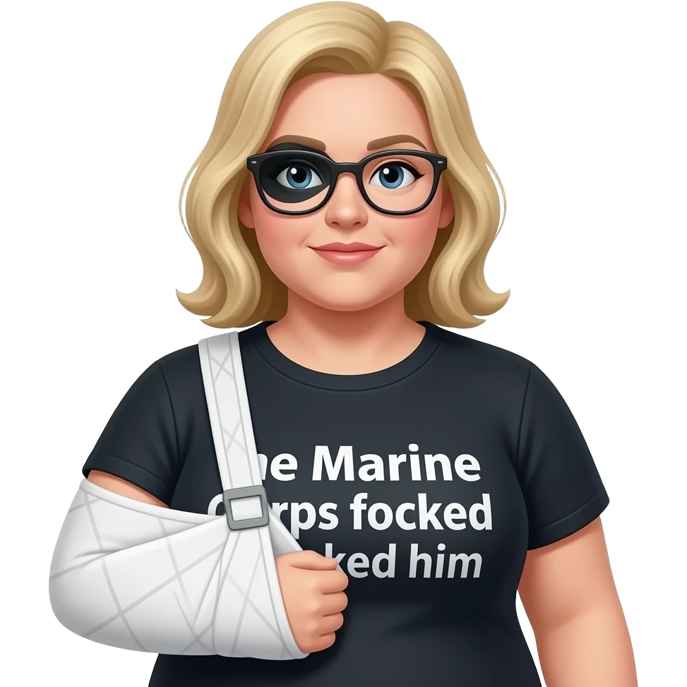A fat blonde woman with a black eye and arm in sling and glasses wearing a shirt saying the Marine Corps fucked him emoji