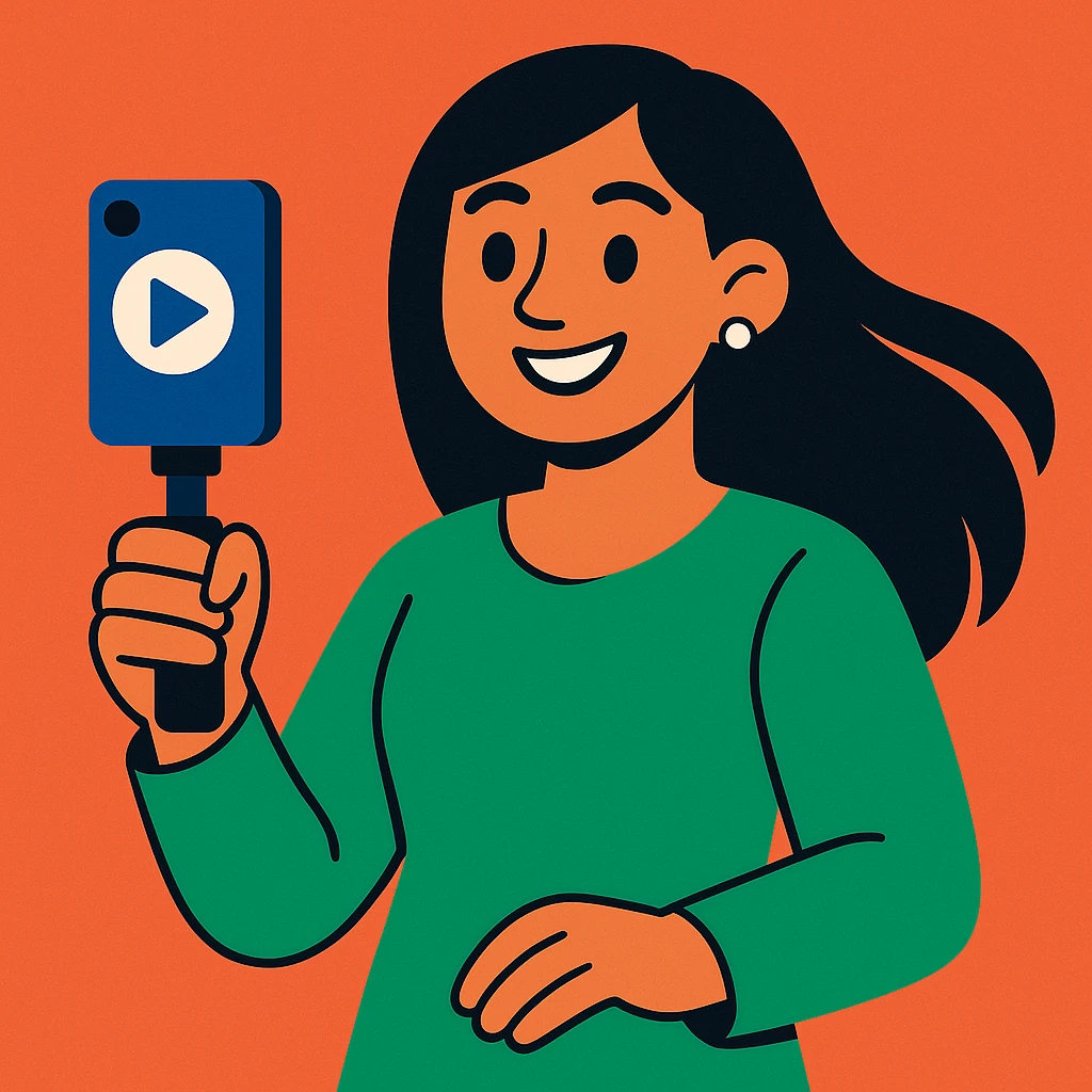 smart, kind, and passionate content creator with long black hair, wearing green clothes, holding a phone or camera, representing a brand marketer and reels maker, modern friendly style emoji