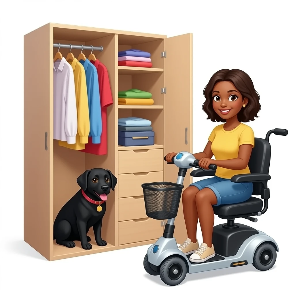Female Black lab hiding in large clothes walkin closet with black skinned female owner sitting  on  mobility scooter emoji