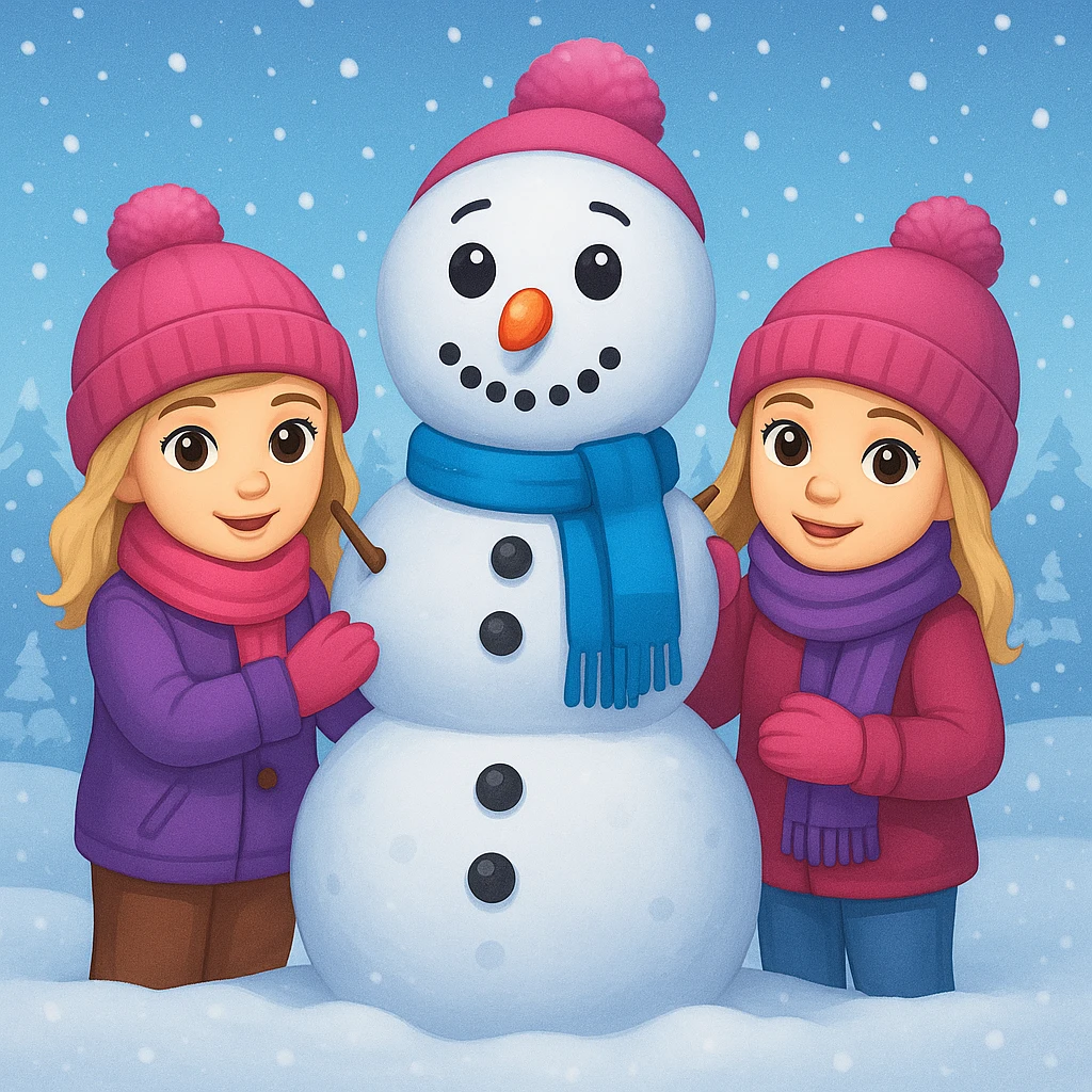 Add a snowy background behind the kids building a snowman, keep the original emoji style emoji