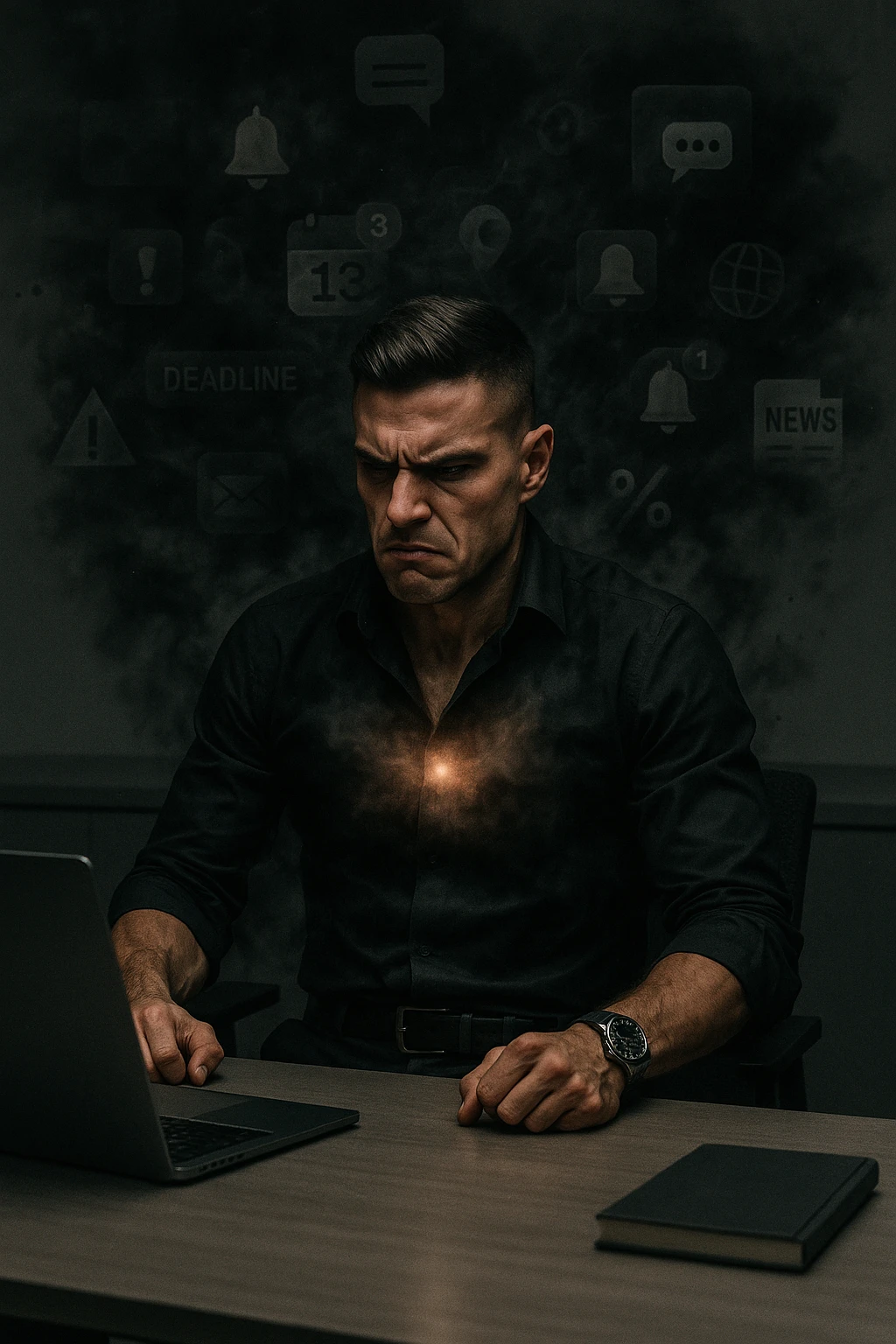 A highly realistic, cinematic image of a young man in his early 30s, sitting at a modern office desk under harsh artificial lighting, shoulders hunched, jaw clenched, and breathing shallowly, symbolizing how modern society forces people to live in a state of chronic tension and restricted breathing. Around him, faint black and grey visual elements represent notifications, deadlines, social media icons, and news alerts, swirling around his head like a chaotic storm, symbolizing societal pressure. His chest appears visually tight and compressed, and faint dark smoke emanates from his body, representing blocked breath and internalized stress. In contrast, a faint glowing light near his chest and abdomen tries to expand, symbolizing the innate desire of the body to breathe freely and deeply. The environment is cold and minimalistic, with a sense of stillness and tension, captured in a hyperrealistic 35mm film style with muted colors, focusing on the man's tense posture and restricted breathing to reflect the unseen burden of modern living. in italiano emoji