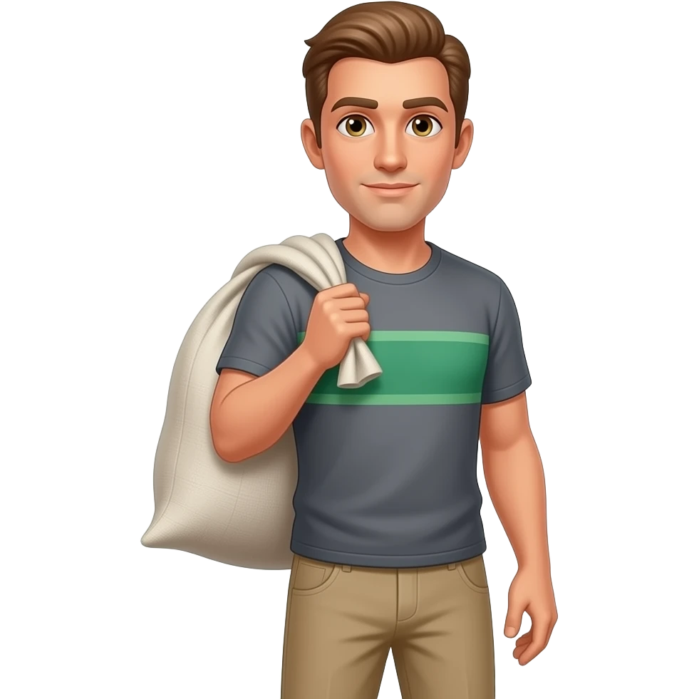 Un hombre de ojos color miel con café claro, con pantalón color beige, playera color gris con franja color verde a la altura del pecho, cabello color oscuro peinado hacia arriba tipo moja, cargando un costal en el hombro tipo machetero cuerpo completo emoji