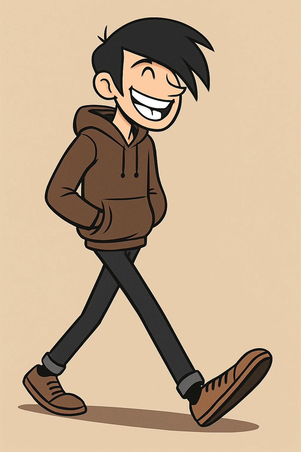 Make the tall, thin man with side-swept black emo hair look much happier, with a big smile showing lots of teeth, keep the walking pose and style as in the original image. emoji