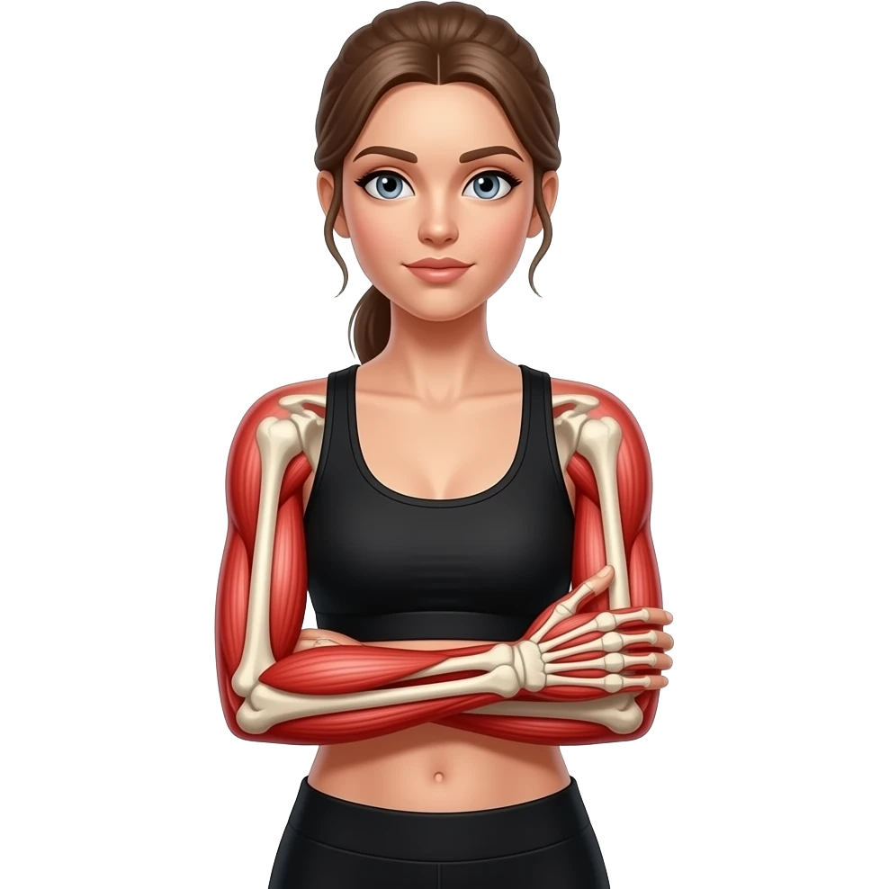 arm pain, anatomical highlight of both arms with arm bones and muscles visible, full red glow from shoulders to hands, woman holding one arm, fair-skinned woman, gray-blue eyes, ash brown brows, ash light brown hair tied back, slim athletic body, black workout set emoji