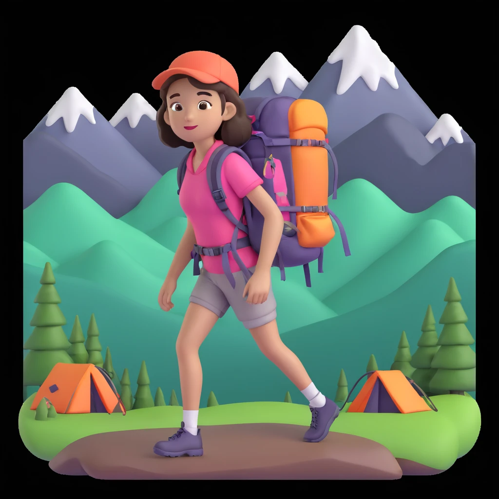 girl back packing mountains in background, close up pose emoji