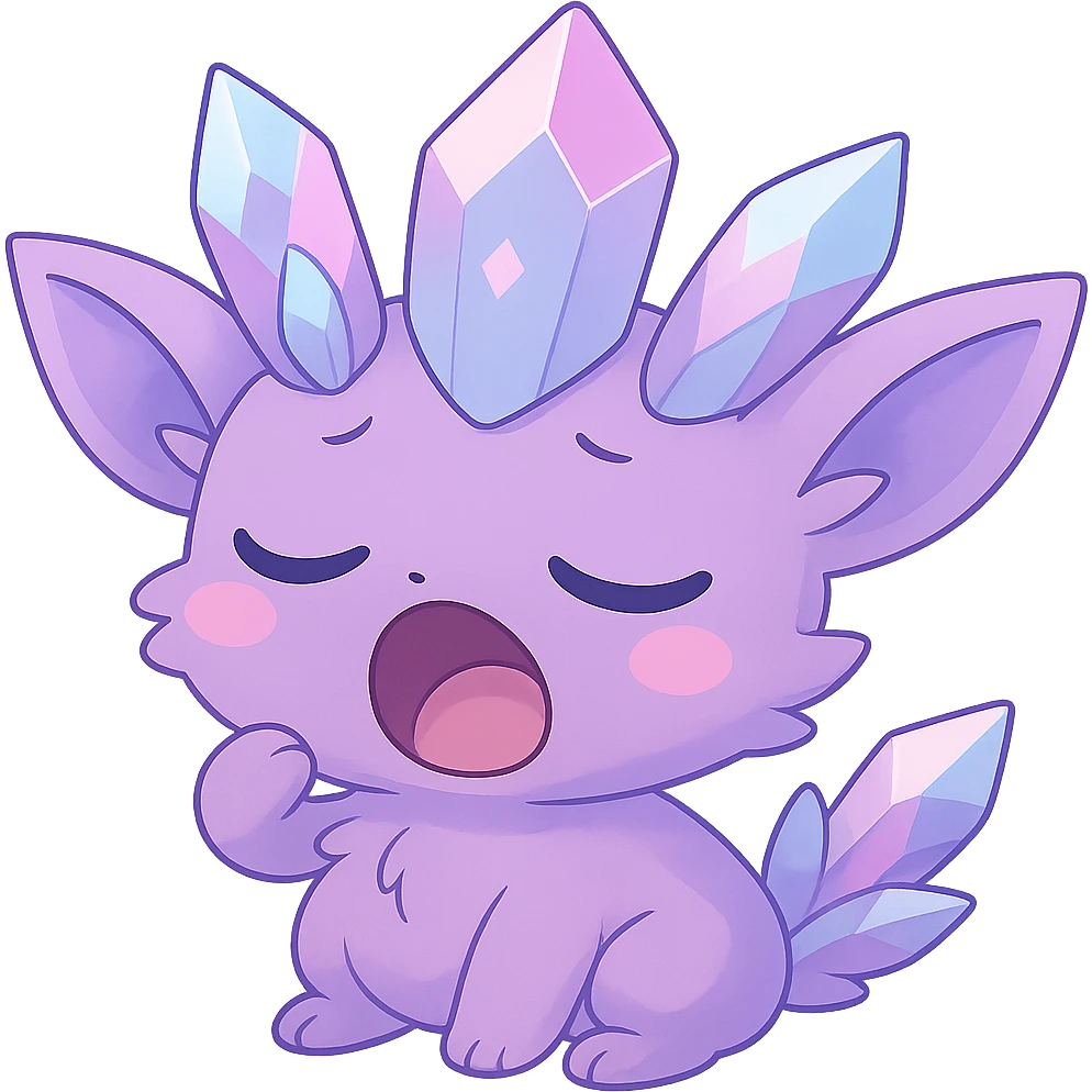 Create a chibi kawaii crystal sprite creature with a crystal tail in pastel purple, blue, and pink colors. The creature should have a sleepy and yawning expression. Remove the background. emoji