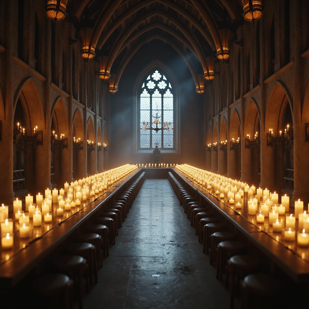 the Great Hall with floating candles and long tables, photorealistic style, Harry Potter series emoji
