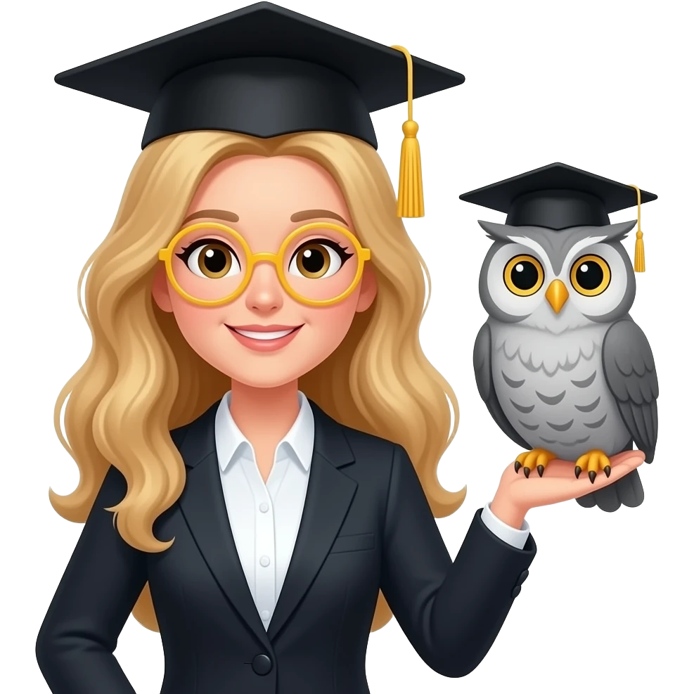 a teacher with long wavy blond hair. a grey owl is wearing a black graduation cap and round yellow glasses. the owl is sitting on the right hand emoji