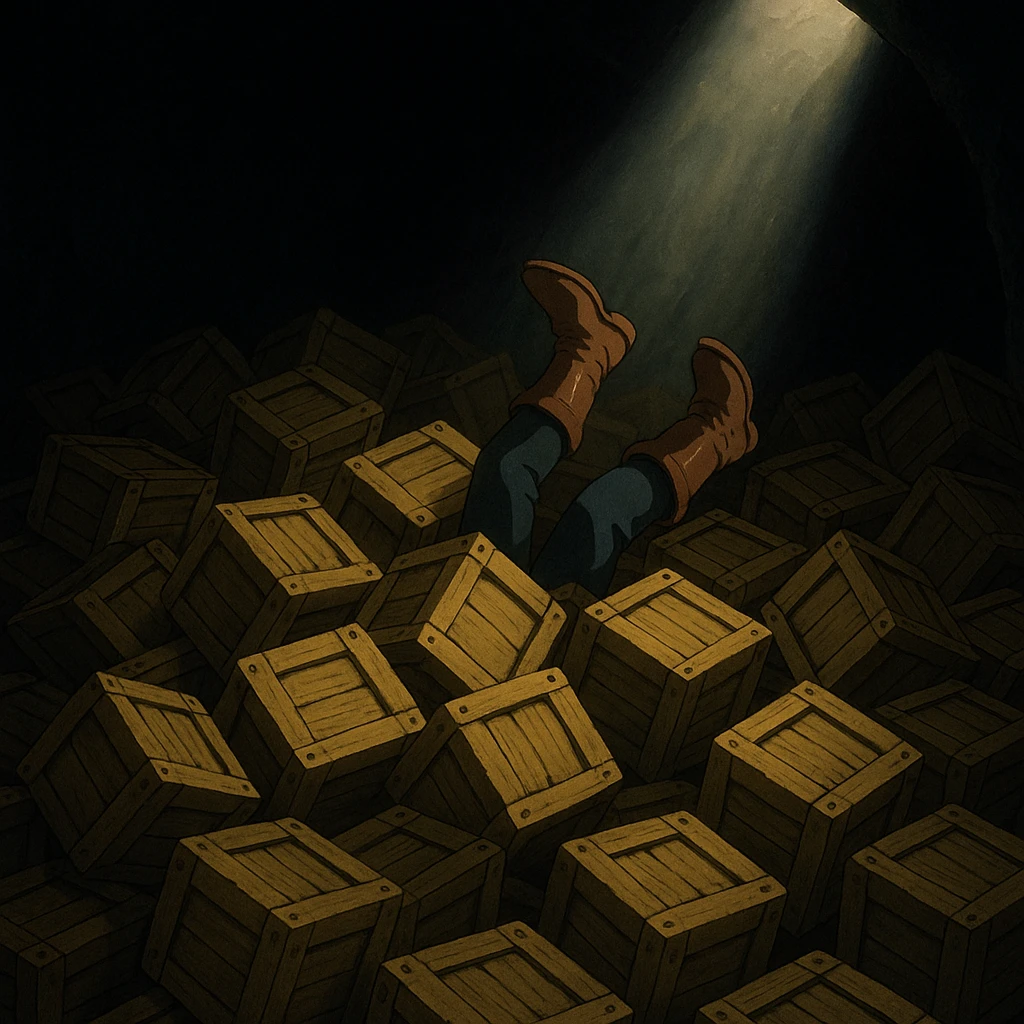 A pile of small oblong crates hidden in a dark area with a beam of light shining from above, with someone’s boots sticking out like they dove in emoji