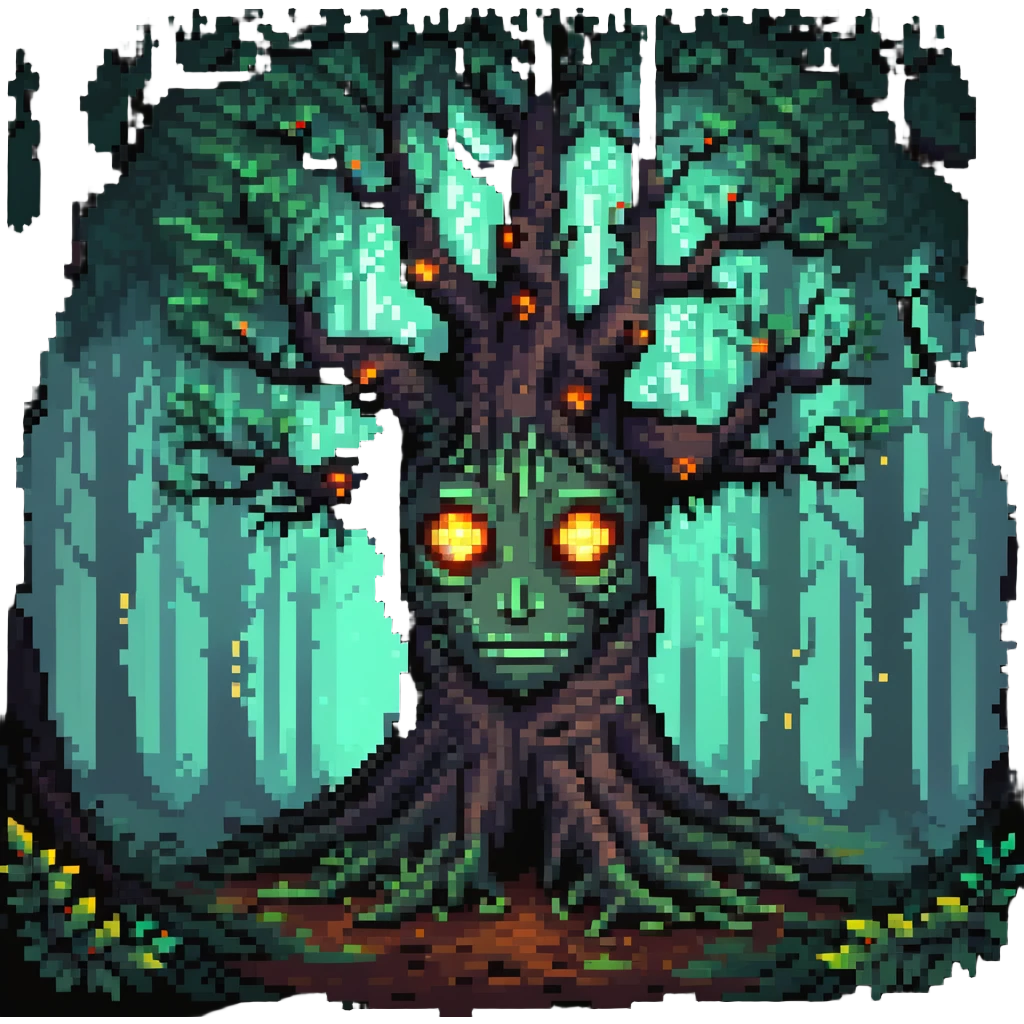 mystical tree with glowing eyes in the trunk, fantasy forest emoji