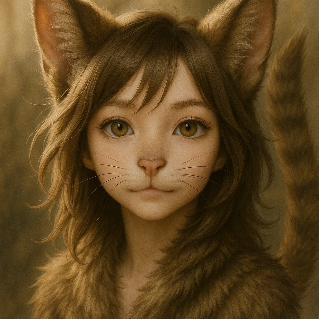 Make features more cat-like with larger cat ears, visible whiskers, feline nose, and a fluffy tail, while keeping the realistic anime style. emoji