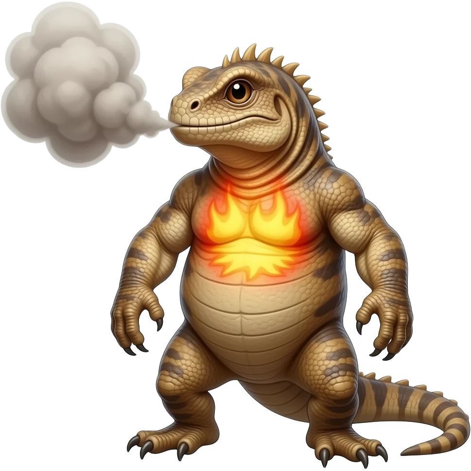 Creature: A stocky reptilian creature that stores heat in its chest and exhales thick, burning ash clouds. It prefers dry canyons and volcanic slopes emoji