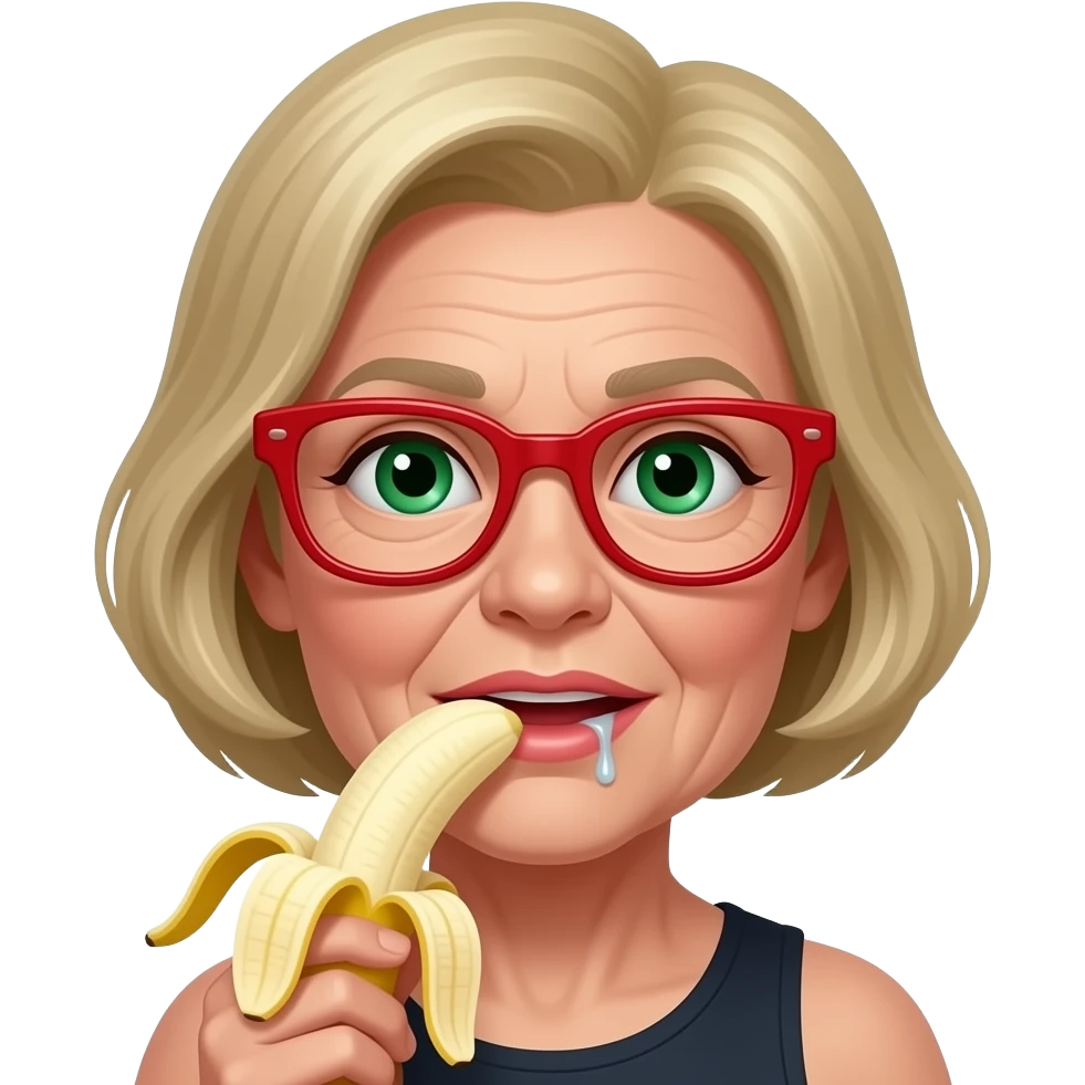 Lizanie banana przez starszą  kobietę i szczuplejszej  twarzy  językiem włosy blond zielone oczy i okulary w kolorze czerwonym, kapiąca ślina emoji