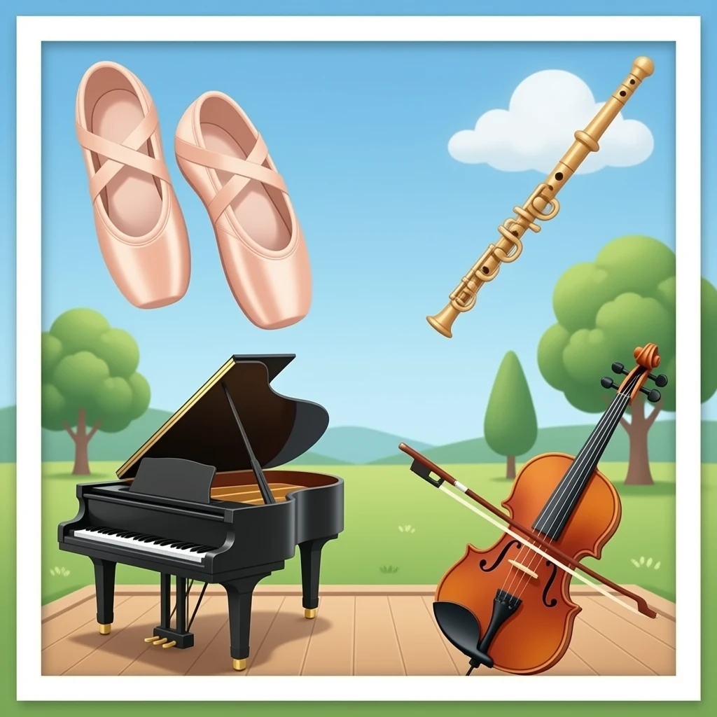Stage (ballet), ballet slippers, piano, flute, and violin emoji