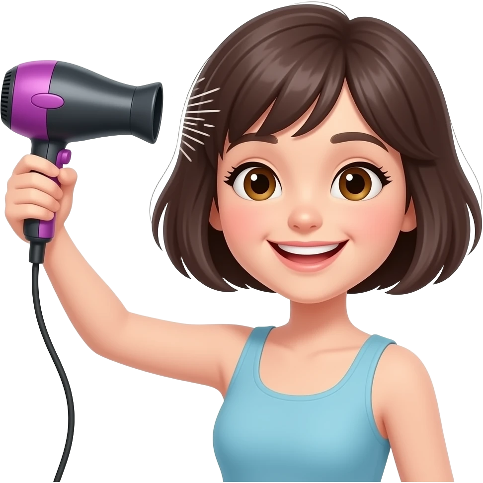 girl with short hair happy while drying hair with hair dryer emoji