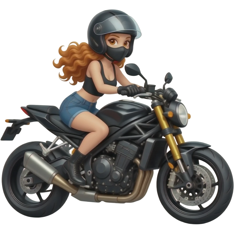 sexy girl with long curly ginger hair and ginger eyes is riding a motorcycle wearing a helmet and a mask emoji