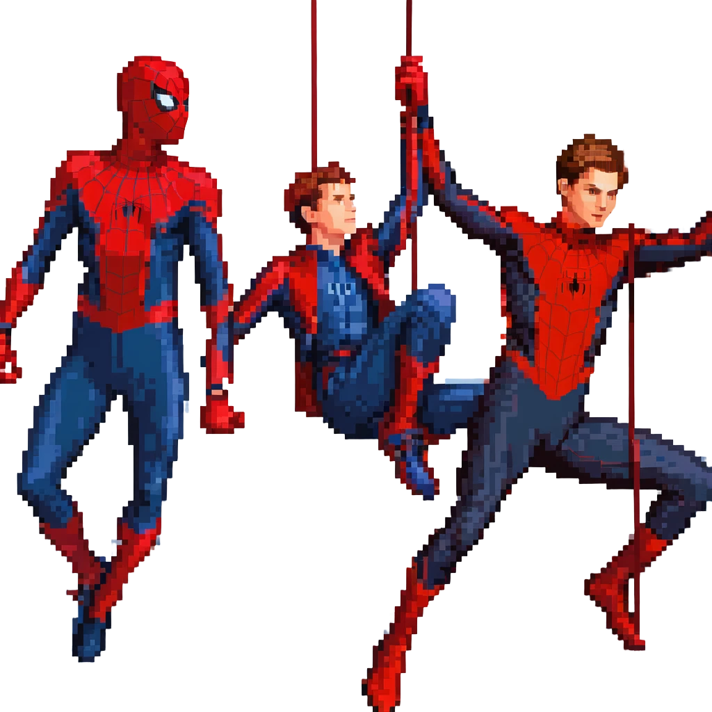 pixel art scene of three Spider-Mans Tobey Maguire Andrew Garfield Tom Holland fighting together each in unique suit red-blue red-blue red-black, swinging and using webs in dynamic action emoji