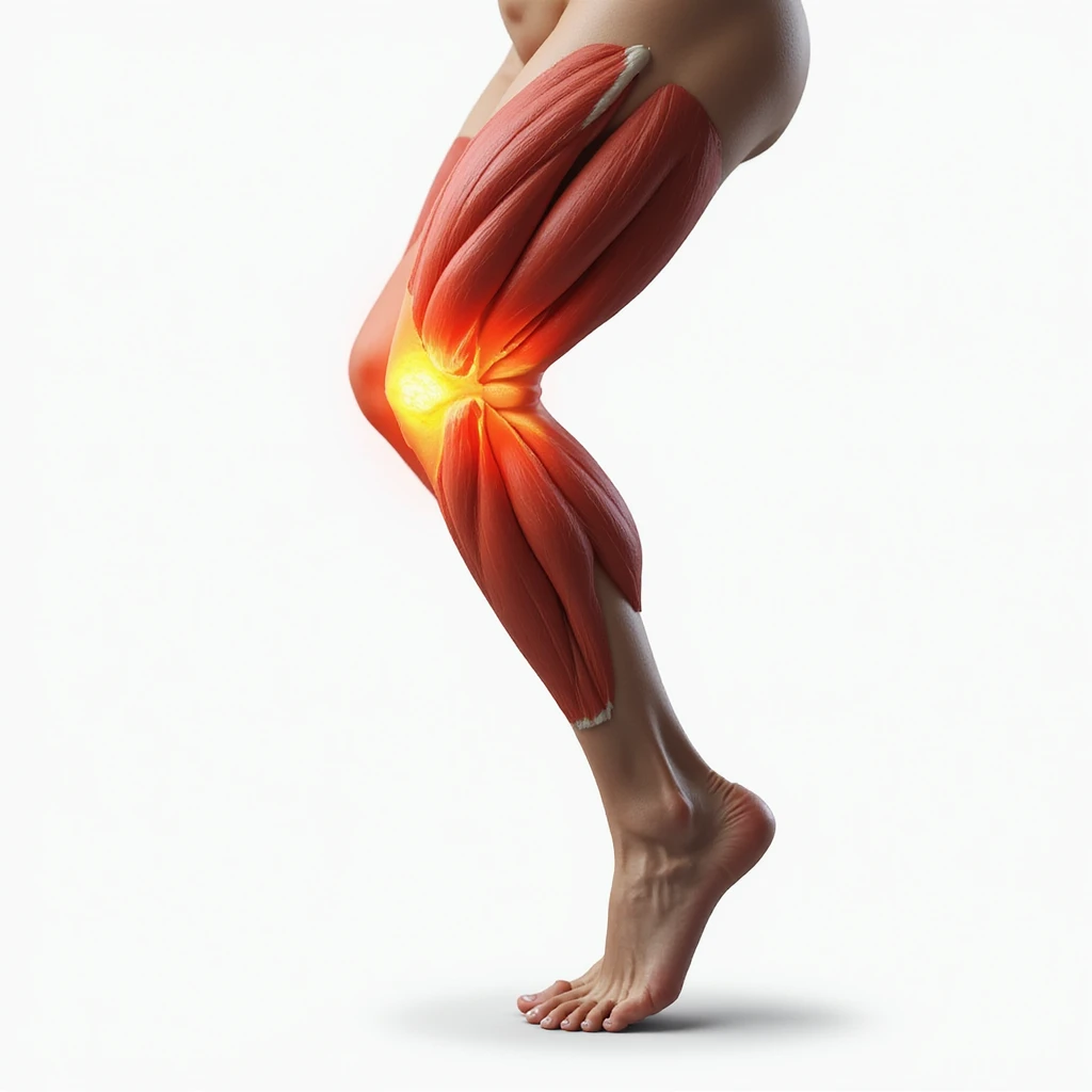 hyperrealistic illustration on white background of a leg with overload: tense posterior thigh muscles, reddened area, foot in flexion, 4K details, variant 7 emoji