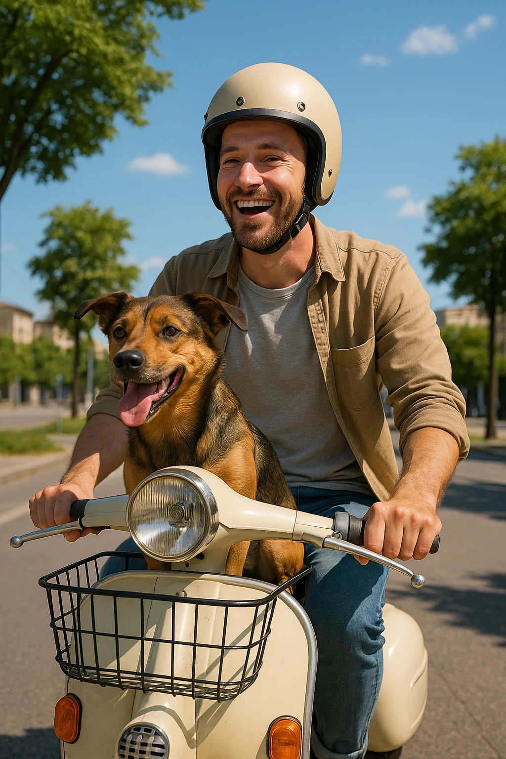 man and his pet dog riding a vespa emoji
