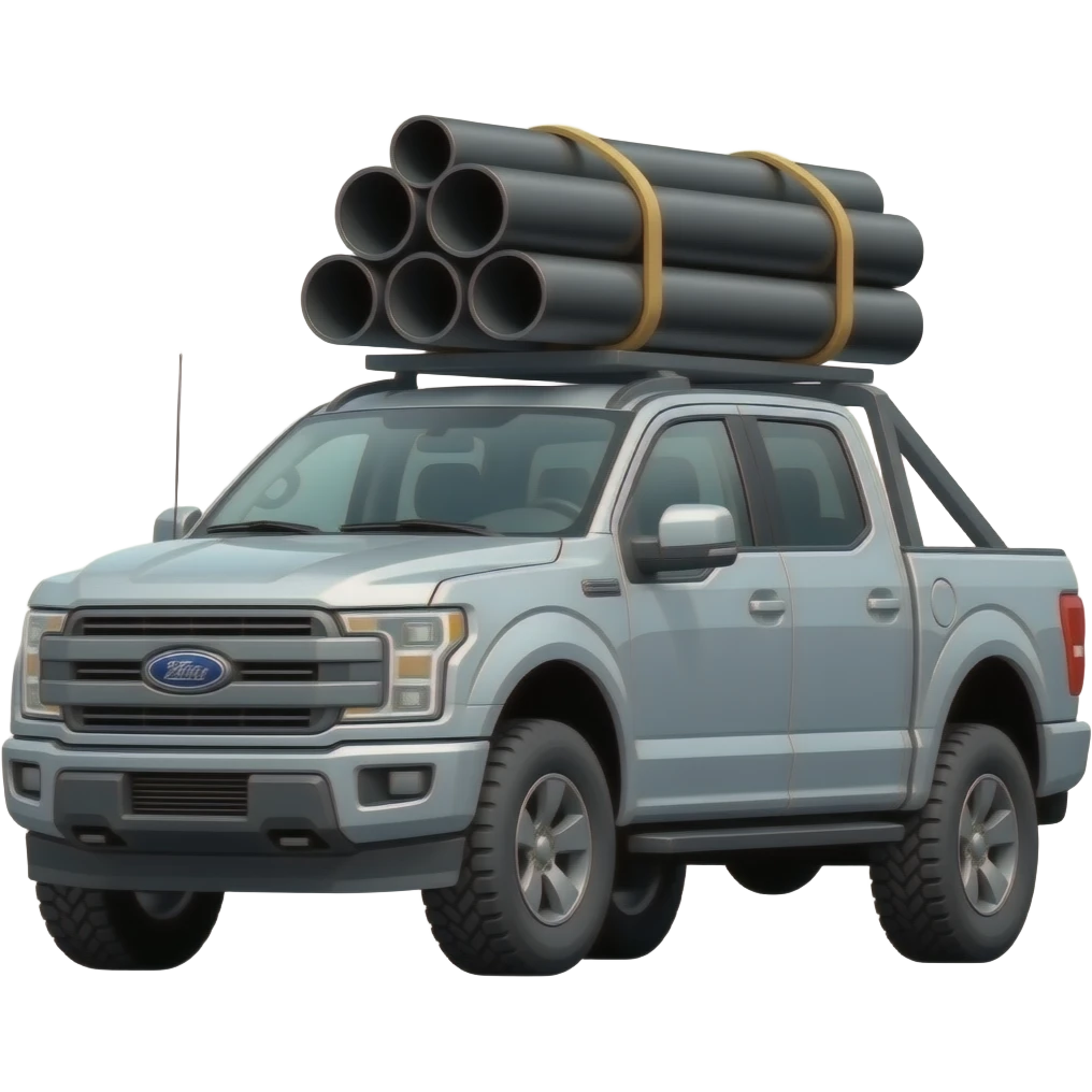 Modern Ford Pick up truck with racking with a bundle of black pipe strapped on emoji