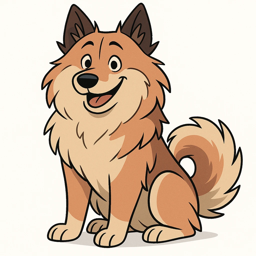 cartoon style eurasier dog, fluffy fur, happy face, sitting, white background emoji