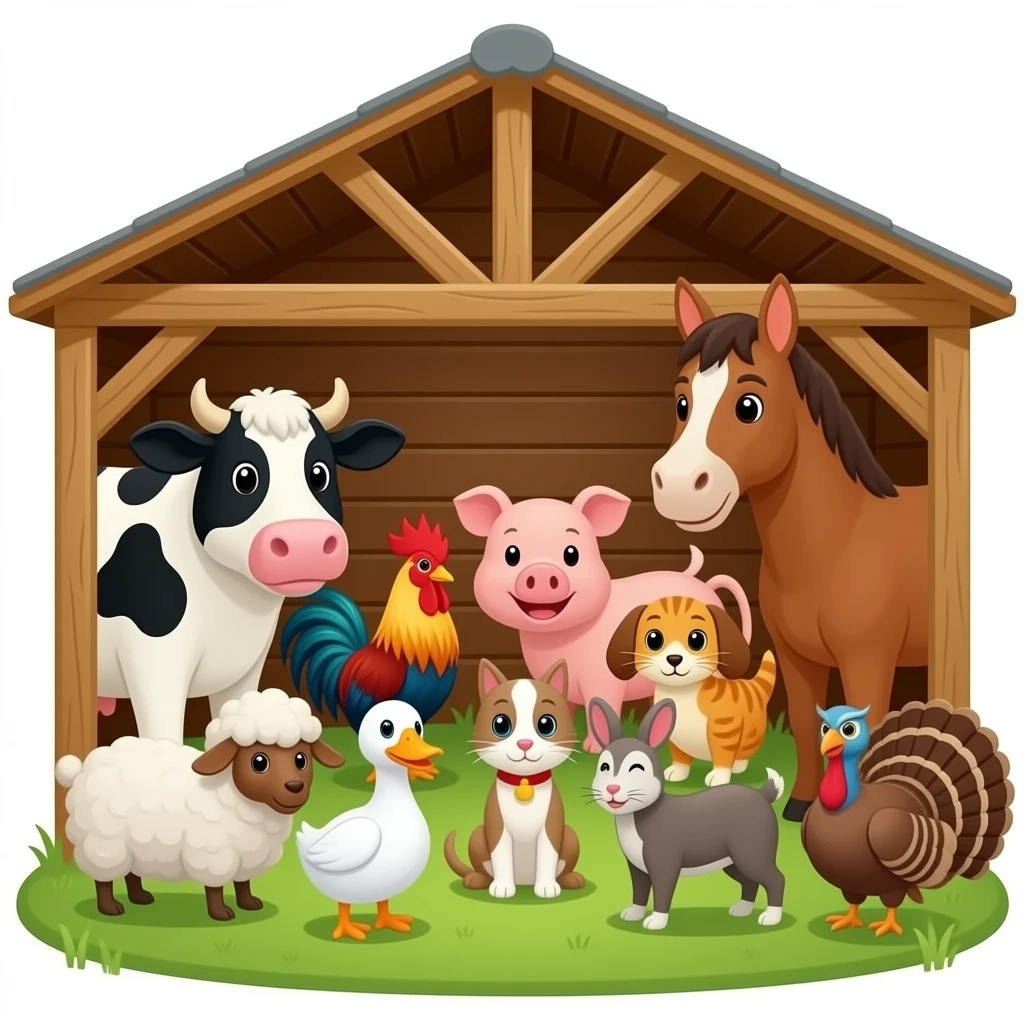 Farm animals inside barn Cow, pig, rooster, dog, duck, cat, chicken, sheep, goat, mouse, rabbit, Turkey, owl, donkey, horse, and llama in the barn emoji