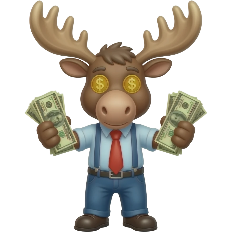 Moose with money in hands and dollar sign eyes emoji