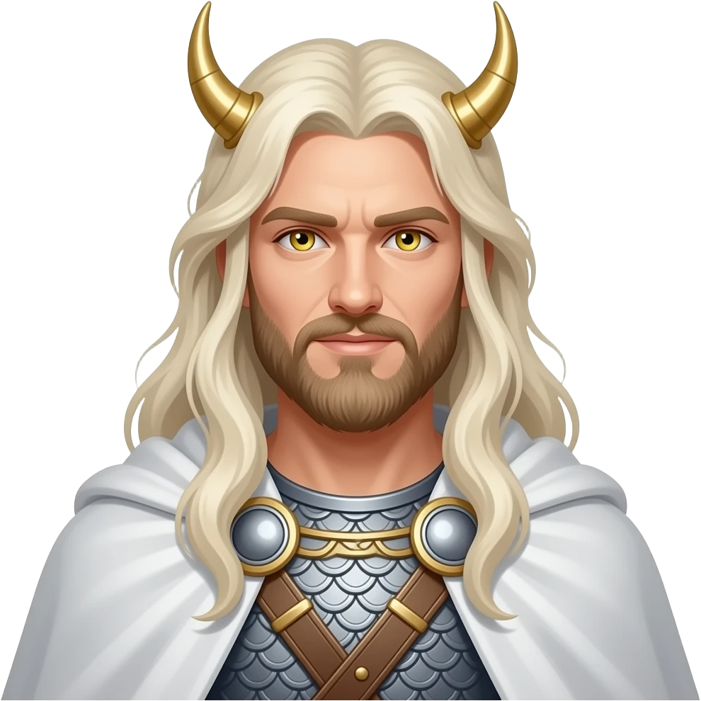Baldr from Norse Mythology with gold eyes, long white blonde warrior mane hair, silver tunic, white cloak emoji