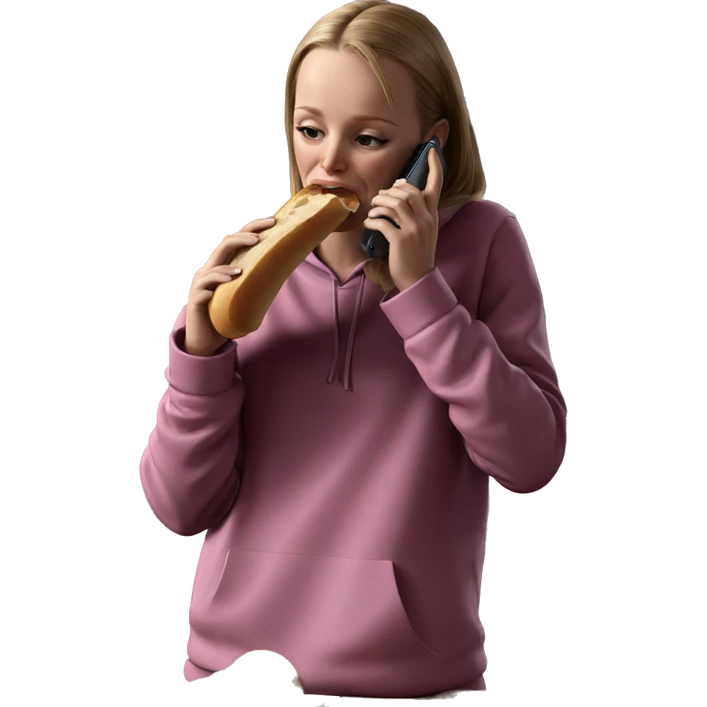 girl eating bread on phone emoji