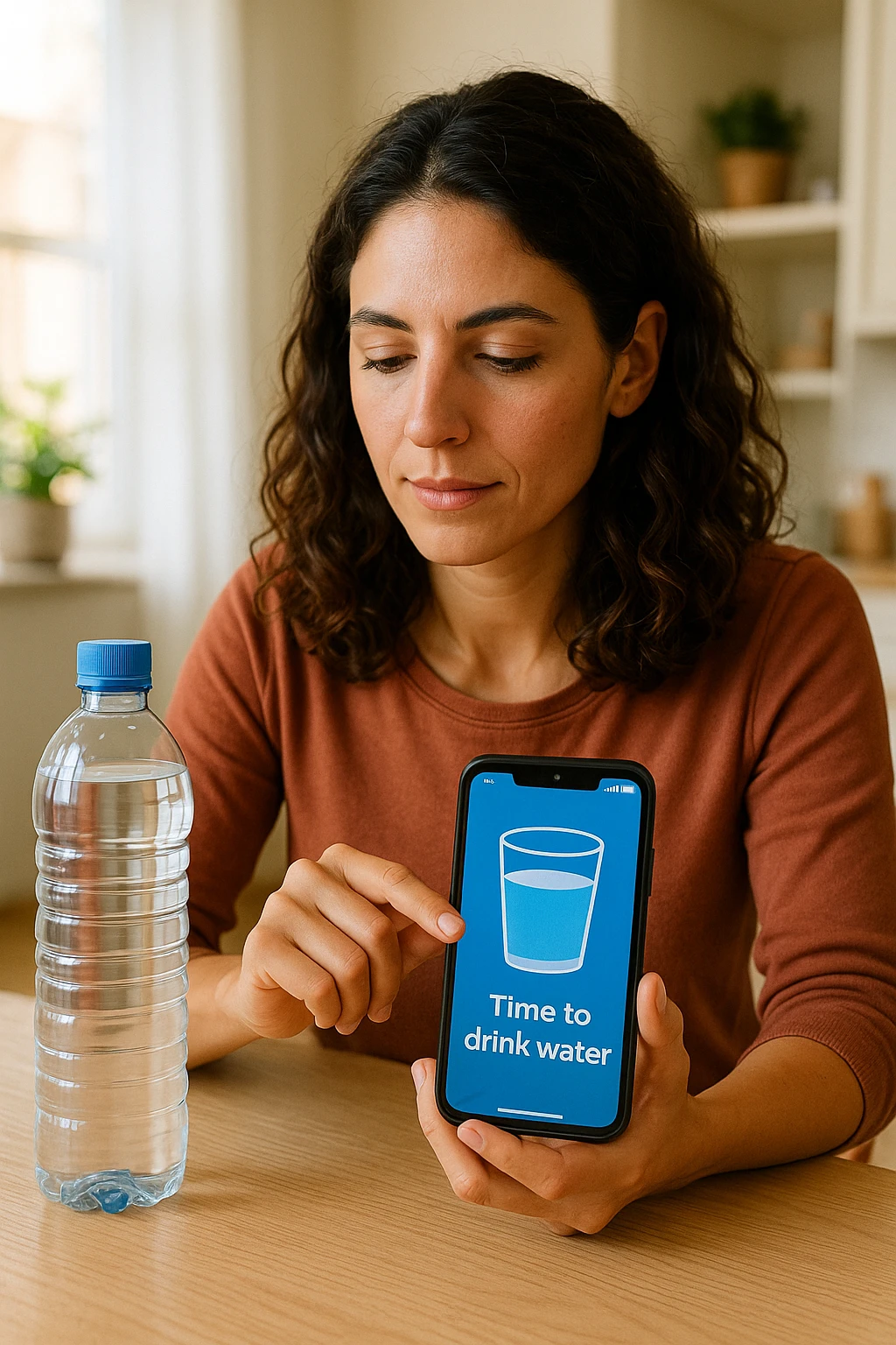 Donna che usa App per ricordarsi di bere, altrimenti non beve mai testo in italiano emoji