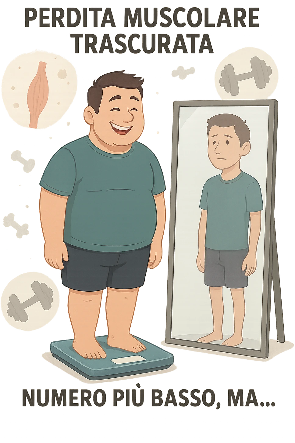 a man stands on a scale, smiling at the lower number, but his reflection in a nearby mirror shows a thinner, but also visibly weaker and less muscular body. Around him, floating icons or faded images of muscle fibers and dumbbells highlight the overlooked loss of muscle mass. The mood is cautionary and educational. in italiano emoji