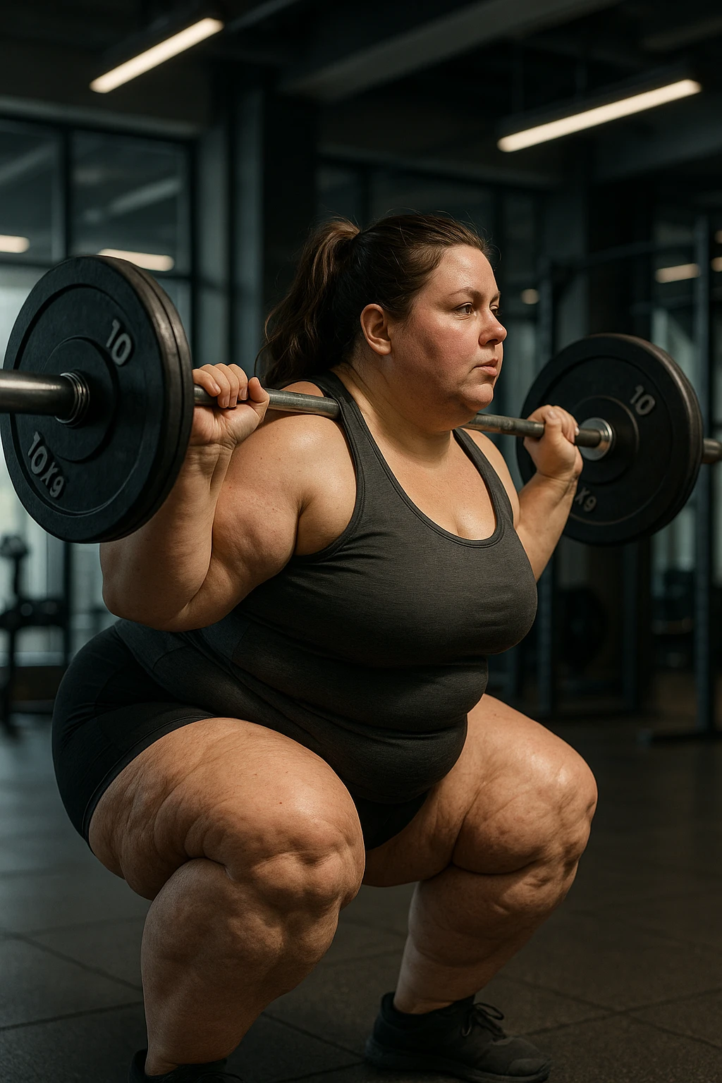 donna grassa con lipedema alle gambe che fa uno squat di profilo con bilanciere, IPERREALISTICA 4K emoji