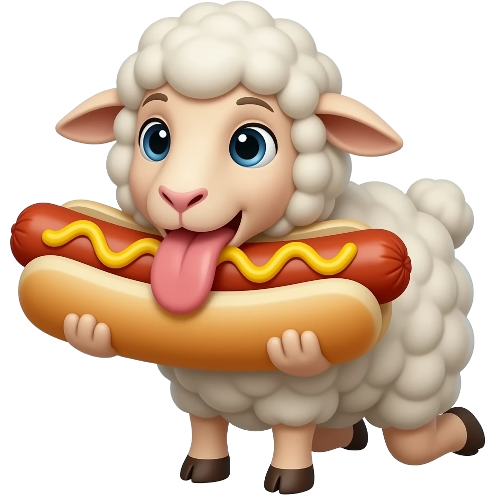 sheep plush on its knees sucking hard on a hotdog in its mouth with big puffy filler lips, tongue wrapping around the hotdog emoji