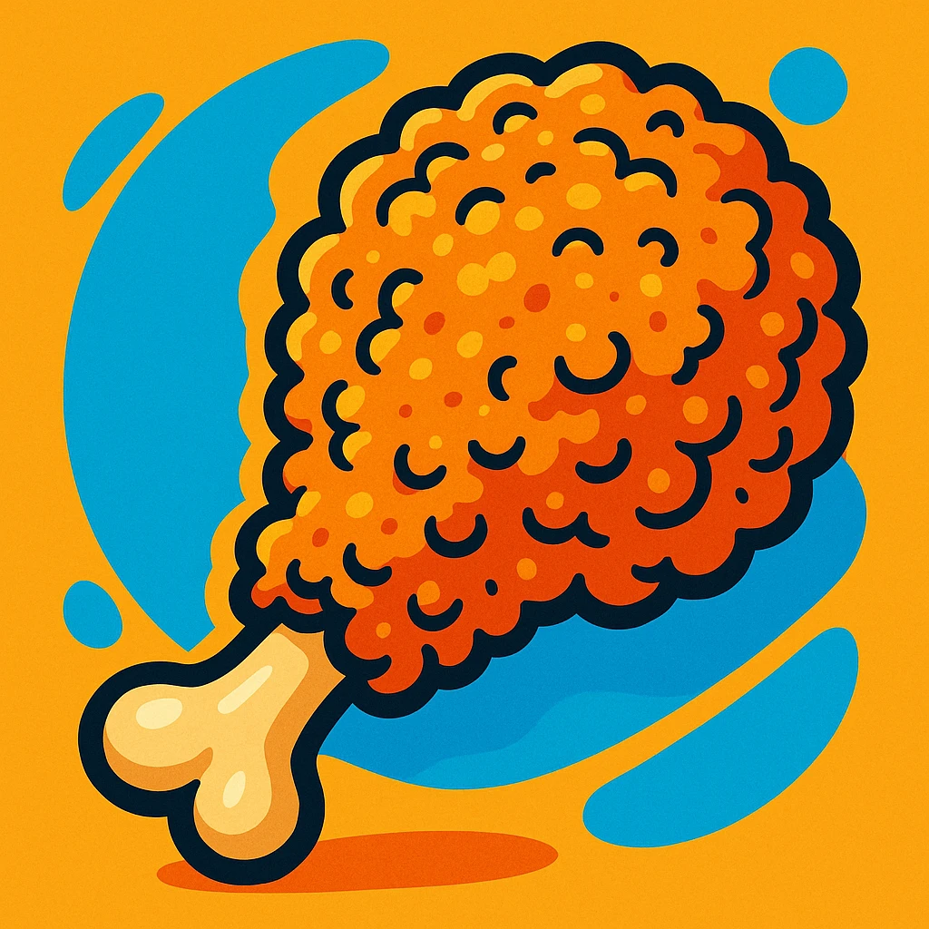fried chicken, cartoon style, exaggerated crispy coating, bright colors, fun emoji