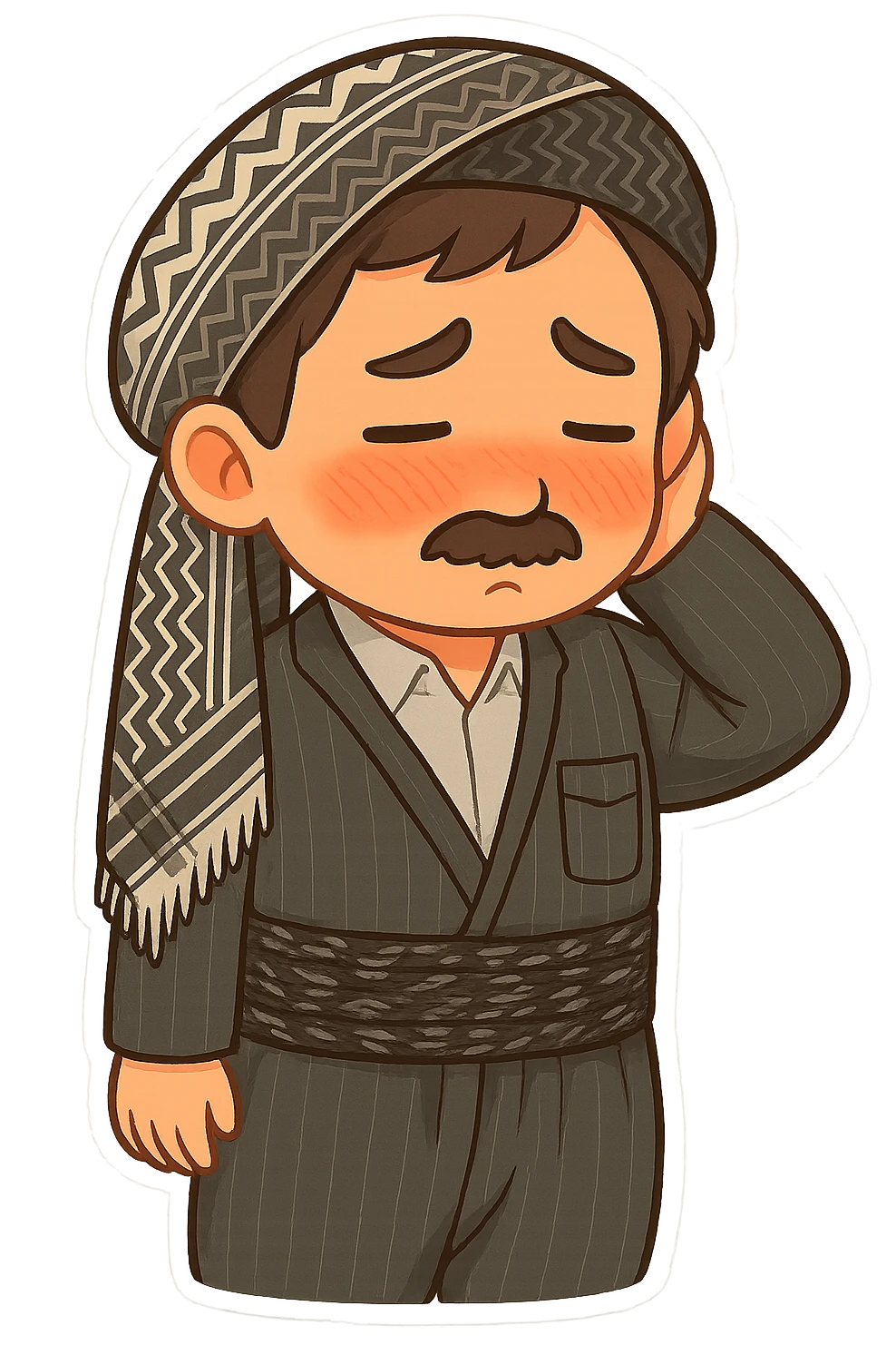 Cartoon sticker of a Kurdish man in the same clothes and scarf as the reference image, no changes to clothes or scarf. Face showing shy and embarrassed expression with red cheeks, looking down or to the side, hand behind head or hand on cheek. Colorful and cheerful style, no shadows or color halos around the image, no text, suitable for WhatsApp and Instagram, fully transparent background. emoji