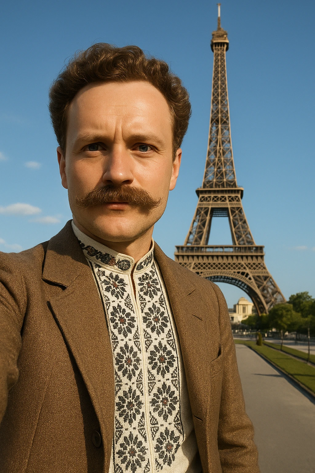 takes a selfie in front of the Eiffel Tower emoji