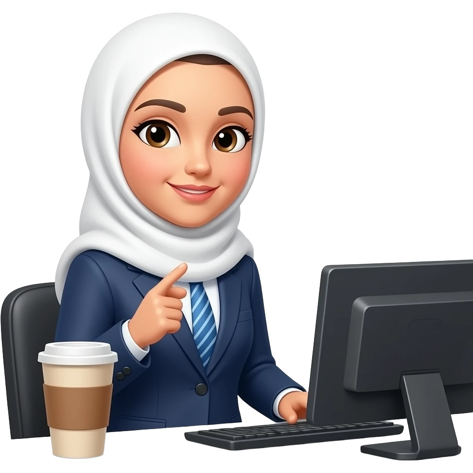 Secretary women with white hijab lack hair computer and drinking coffee emoji