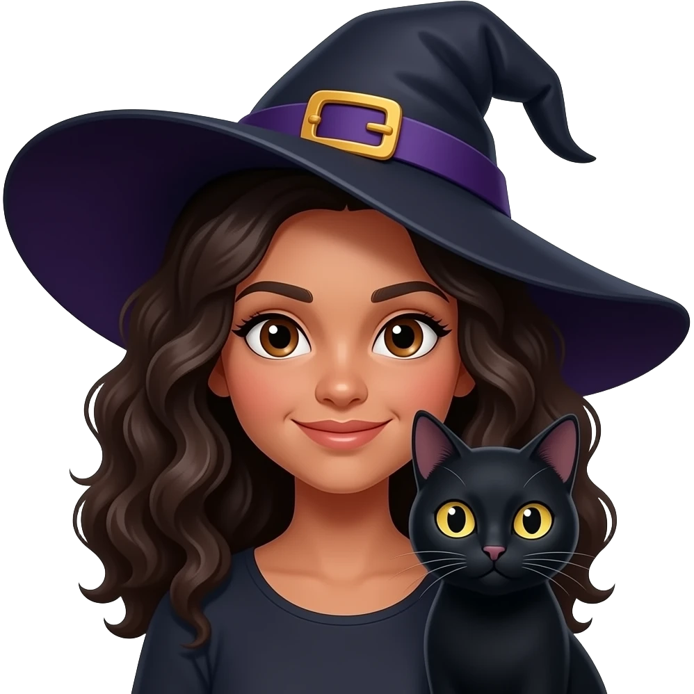 young black witch wavy hair and brown eyes with black cat, apple style, head and shoulders emoji