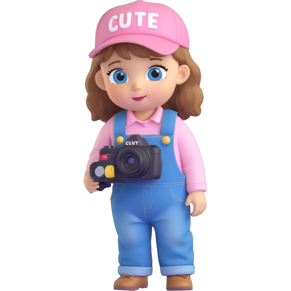 3D cartoon character design of a cute baby girl with golden brown hair, big blue eyes, pink blush, wearing denim overalls with the word 'cute' printed on her clothes, a cute hat, big head and small body, holding a camera, side view emoji