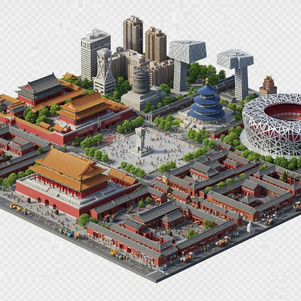 Isometric miniature of Beijing Forbidden City, Tiananmen Square, CCTV Headquarters, Temple of Heaven, Bird’s Nest Stadium and crowded hutong alleys, apartment blocks, 3D miniature effect and Tilt Shift effect, no cartoonish look, transparent background, don't cut angles emoji