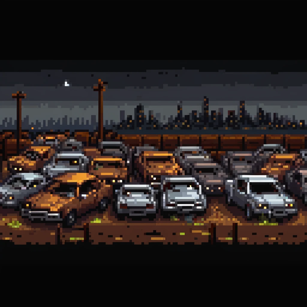 Pixel art junkyard at night, crushed cars, rusty metal, broken fence, flickering light, city lights far in the background, vertical 9:16 scene, side-view camera, retro arcade fighting stage
 emoji