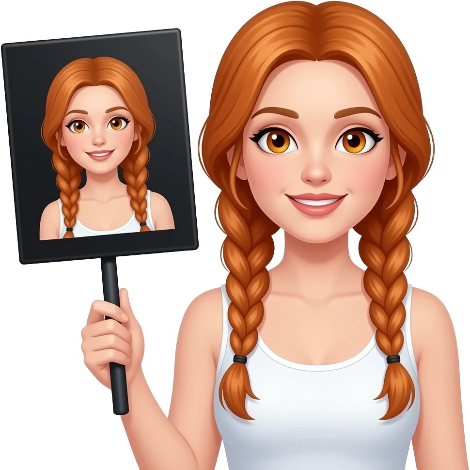 sexy girl with long ginger braids and ginger eyes wearing a white tanktop is holding a black sign with LESE RATTE written on it emoji