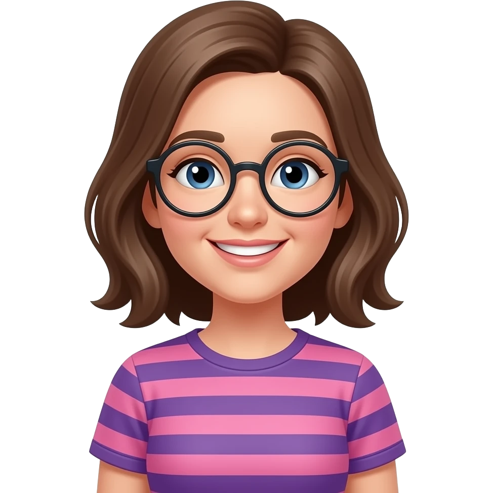 White girl with circular glasses smiling wearing a pink and purple horizontal t-shirt smiling emoji