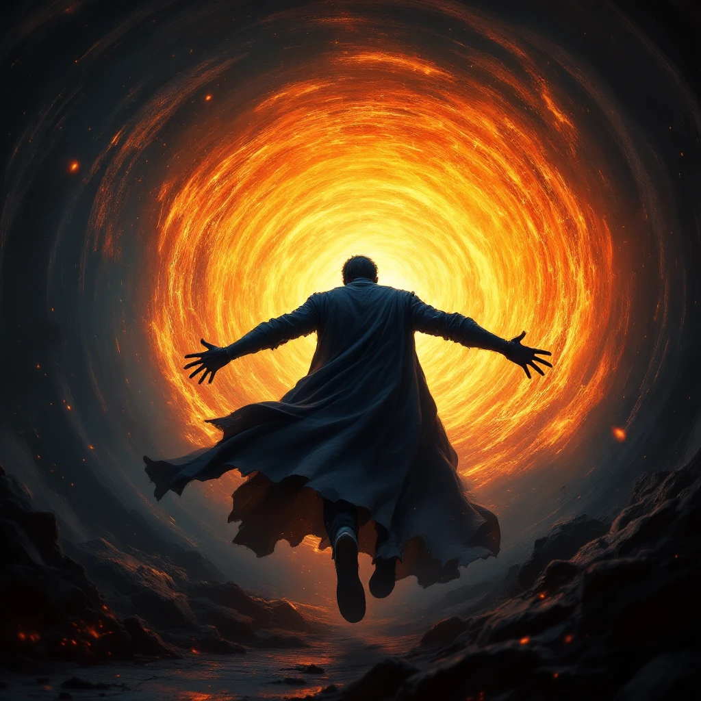 A character being sucked into a swirling, flaming magic portal to hell behind him. The portal is a disk, not a tunnel, and not as tall as he is. He is going in butt first, with hands and feet flailing last. Dramatic, intense, in Flux Pro style. emoji