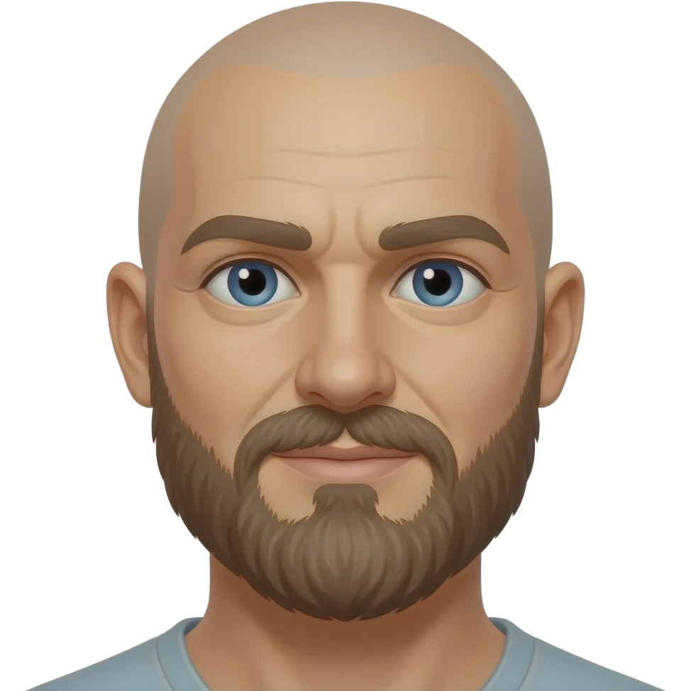 more grey in the beard. blue eyes. bald head. no hair on head. more grey in beard on chin. lighter brown eyebrows. more grey in beard on chin. make the beard a mix of brown and grey emoji