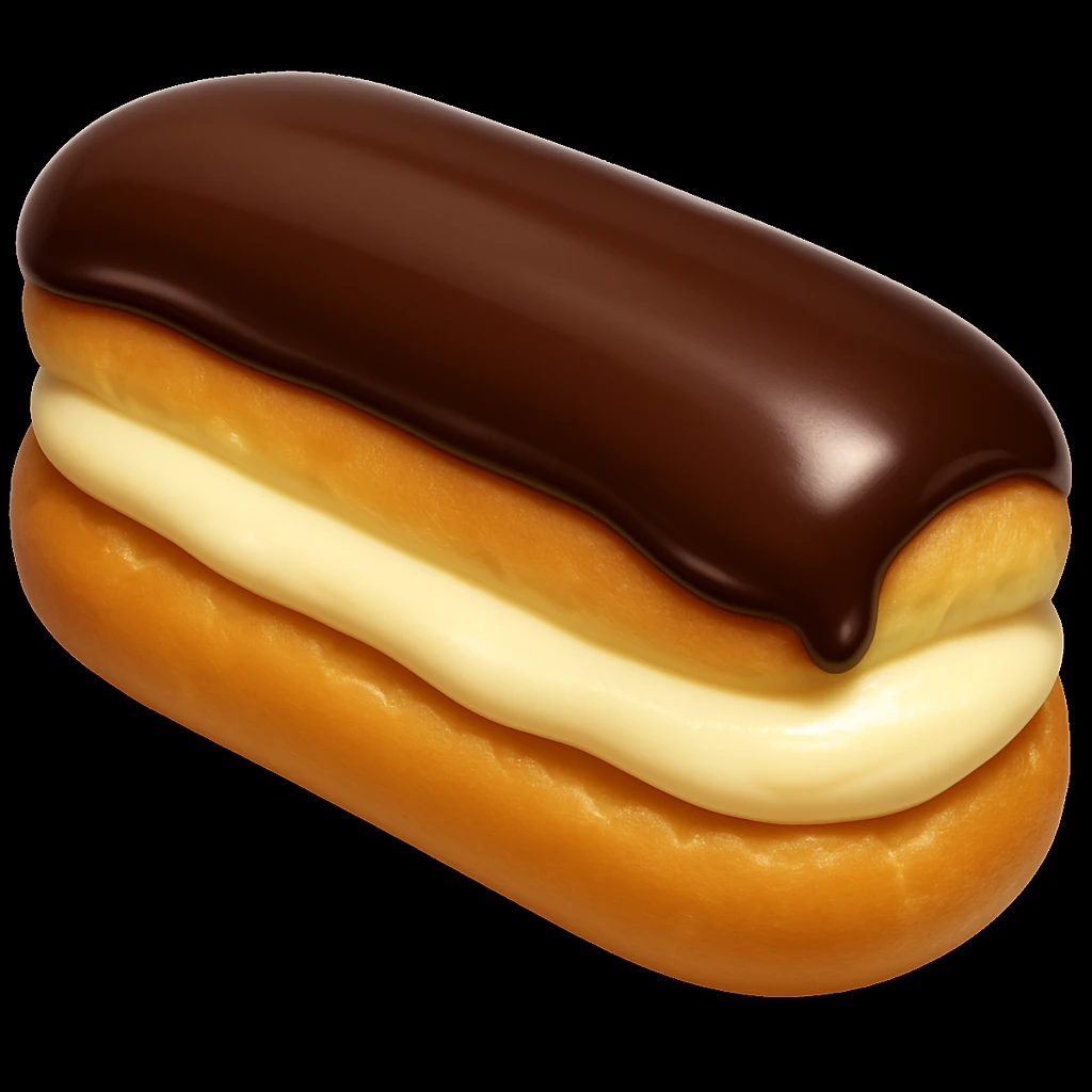 Add a glossy chocolate glaze on top of the minimal dairy-filled eclair, keeping the style and background the same as the original image. emoji