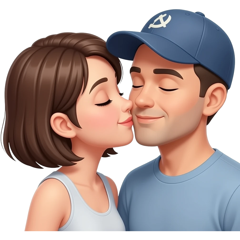 Happy In love Sexy lady short brown hair kissing bald man with a cap emoji