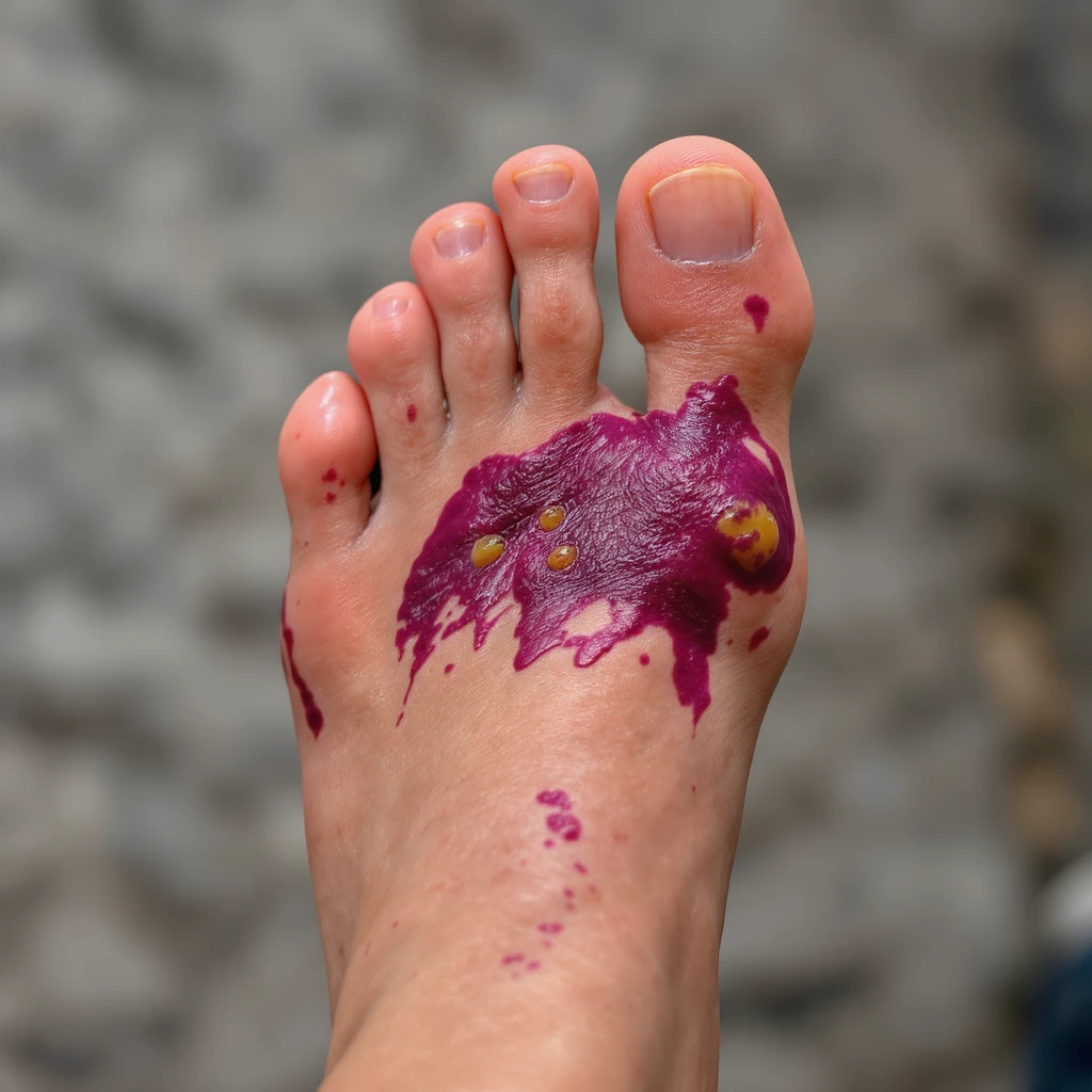 a foot with purple and yellow blisters, realistic style, focus on texture emoji